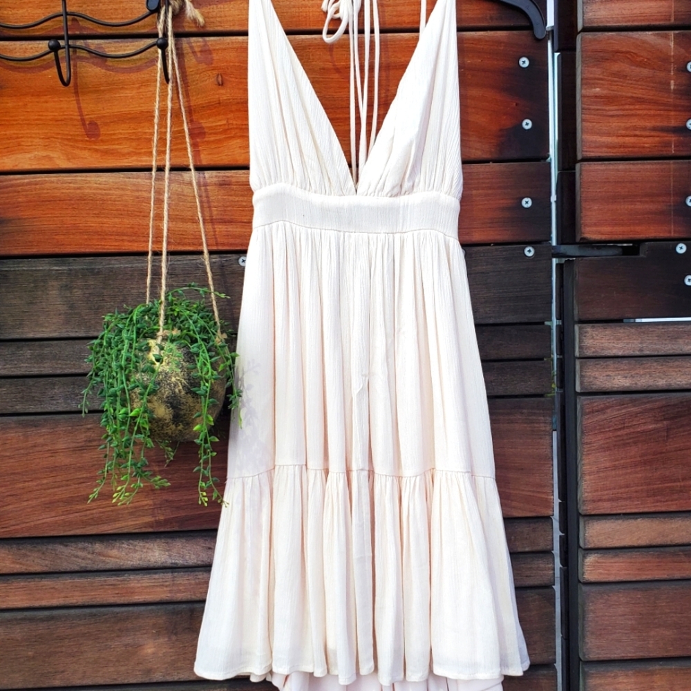 WOMENS SEXY HALTER BOHO CREAM HIGH LOW DRESS